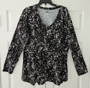 Lane Bryant Größe 18/20 Langarm V-Ausschnitt Strick Top schwarz abstrakter Druck - Bild 1 von 6
