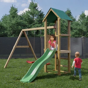 Torretta con scivolo altalena doppia parco giochi da giardino in legno Lucas - Foto 1 di 10
