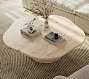 Harlowe Irregular Travertine Coffee Table – Handmade Luxury Round Stone Table - Picture 1 of 5