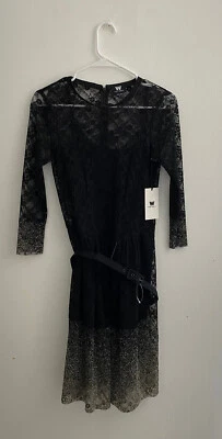W by Worth Black Pleated Glitter Accent Lace Overlay Belted Dress sz 4 New NWT - Image 1 of 4