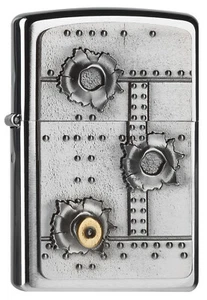 ZIPPO Feuerzeug BULLET HOLES mit Emblem Brushed Chrome Einschusslöcher OVP NEU - Picture 1 of 2