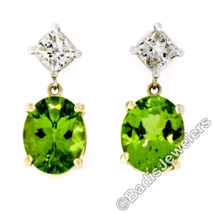 14K TT Gold 5.70ctw Oval Peridot Princess Cut Diamond Dangle Drop Earrings - Picture 1 of 5