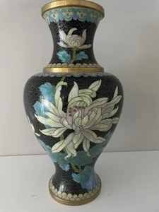 VTG Cloisonné Brass Enamel Vase Multicolor Florals Butterfly On Black 10” - Picture 1 of 9