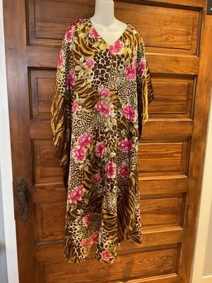 Roupão de dormir vintage Bobbie Brooks leopardo floral kaftan tamanho único GG - Imagem 1 de 4