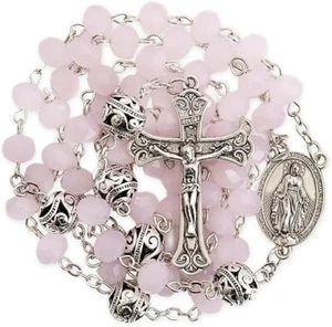 Collana rosario perle cristallo giada rosa 8 mm con perline misteriose in lega da 10 mm - Foto 1 di 7