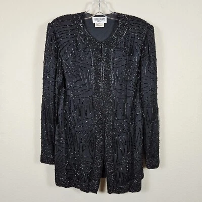 Chaqueta de seda vintage con cuentas plumero abrigo grande elegante negro fiesta boda blazer Foto 1 de 4