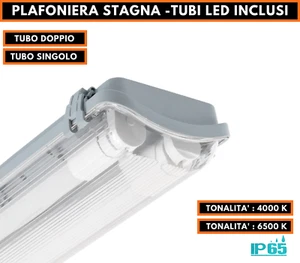 PLAFONIERA STAGNA LED COMPLETA DI NEON TUBO T8 60-120-150 CM 220V SOFFITTO IP65 - Imagen 1 de 7