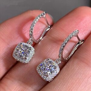 18k White Gold Plated Diamond Simulated Women Dangle Earrings 