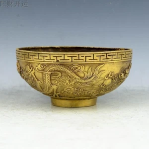 12cm Chinese Handmade Brass Statue Dragon Bowl Ornament Collection Crafts - Picture 1 of 5