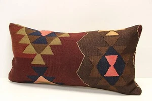 One-of-a-Kind Lumbar Handmade Vintage Geometric Kilim Pillow Cover 12x24 - Picture 1 of 3