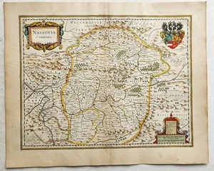 MAPA 1640 DEL CONDADO ALEMÁN de NASSAU por WILLEM BLAEU antiguo AUTÉNTICO - Imagen 1 de 5