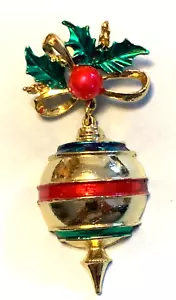 Vintage Christmas Dangle Ornament & Bow Pin/ Brooch,Moveable Gold Tone Red Green - Picture 1 of 4
