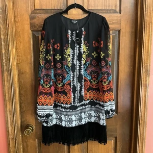 Vtg NWT Bebe Women's Sz L Geometric Lined Shift Dress w/Faux Leather Fringe - Picture 1 of 12