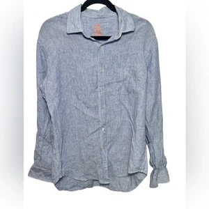J. McLaughlin Classic Fit Gramercy Linen Blue and White Stripe Button Down SZ L - Picture 1 of 5