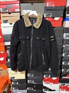 LRG Y2K Vintage Mens Black Zip Pockets Fur Collar Jacket Mens Size Large MINT - Picture 1 of 23