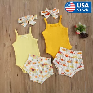 USA Newborn Kids Baby Girl Outfits Clothes Romper Bodysuit+Shorts+Headband Set - Picture 1 of 12