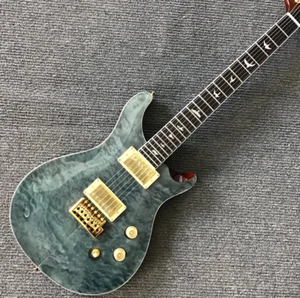 Chitarra Elettrica Personalizzata Trapuntata Impiallacciatura Acero In Blu Grigio Oro Hardware - Foto 1 di 6