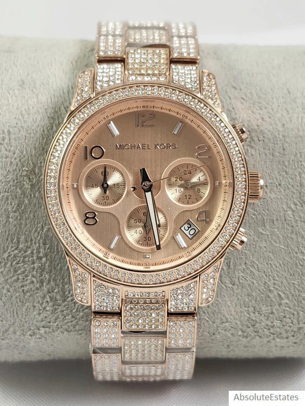 NEW Michael Kors Runway Rose Gold Pave Glitz Chronograph Watch