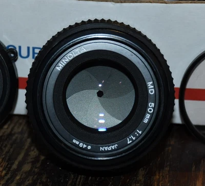 Very Clear Minolta 50mm f/1.7 lens #m105  MD Mount w filter cap - Image 1 of 4