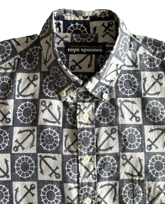 REYN SPOONER Reverse Print Men's Nautical Anchor Print Shirt Size L Cotton Linen - Image 1 of 4