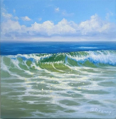 Pintura al óleo de paisaje marino Sunny Beach arte original de pared del océano 12 x 12 Foto 1 de 4