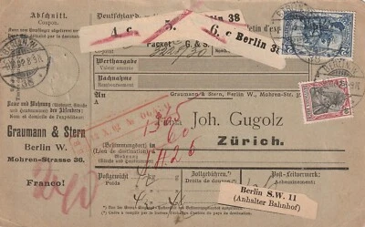 GERMANY/REICH: Parcelcard for 3 parcels Berlin to Switzerland 1902. - Image 1 of 2
