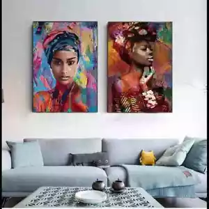 Colorful Abstract African Girl Wall Art Mural Canvas Painting Print Poster - Picture 1 of 3