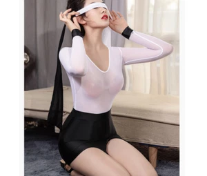 Women OL Secretary Dress Mesh Shirt Uniform Shiny Skirt Lingerie Cosplay Costume - Picture 1 of 9