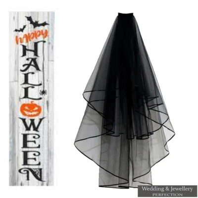 BLACK Wedding Gothic HALLOWEEN Veil Edge Comb Elbow Length Fancy Dress Party 2T - Image 1 of 4