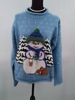 NWT Vintage REY WEAR Sz LG Blue Hand Knitted 3D SNOWMAN  Holiday Sweater