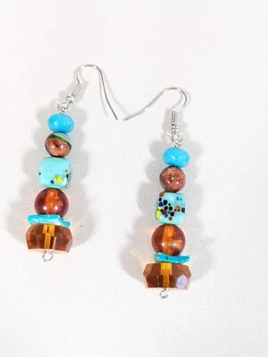 Blue Green Square Art Glass Brown Millefiori Bead Dangle Hook Earrings - Image 1 of 4