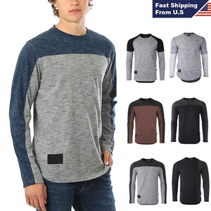 ZIMEGO Men's Twofer Color Block Long Sleeve Curved Hemline Athletic Hiphop Shirt - Picture 1 of 17
