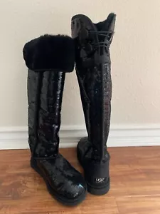 UGG Australia Over The Knee Sequins Button Black Hologram Fur Tall Boots Sz 7 - Picture 1 of 15