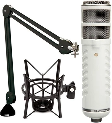 Micrófono Rode Podcaster con brazo de pluma y soporte amortiguador. ¡Kit completo de podcasting! Foto 1 de 4