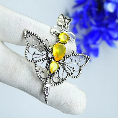 Yellow Citrine Gemstone Handmade Butterfly Pendant 925 Sterling Silver Jewelry - Image 1 of 4