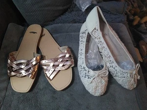 New Evans 2 Pair Size9EEE Ivory open Lace Flats/Rose Gold Silv Stud Slider Mules - Picture 1 of 13