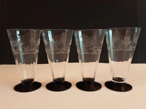 Black Footed Etched And Beveled Glassware Drinkware Tropical Lilies Set Of 4-6"  - Picture 1 of 8