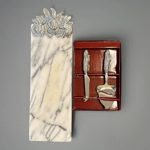 VTG Arthur Court Marble Cheese Tray & Knives White Bunnies 1986 3 Pc *READ* - Picture 1 of 20