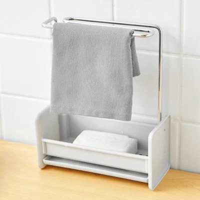  Stainless Steel Towel Rack Desktop Draining Sponge Shelf Kitchen Towel Holder - Image 1 of 4