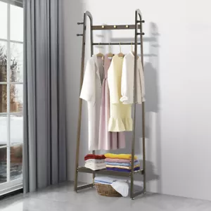 More details for retro wooden clothes rail rack garment shoe stand open wardrobe storage shelf uk