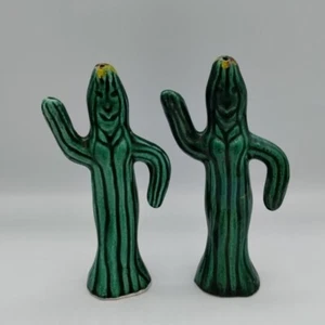 Anthropomorphic Cactus People Women Waving Ceramic Figurines Set Of 2  - Picture 1 of 16