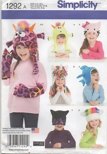 Simplicity Sewing Pattern 1292 Hat & Mittens Animal Unicorn Kitty Shark Monster - Picture 1 of 13