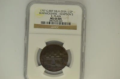 Great Britain: 1797 D&H-293A Half Penny- NGC MS-64 BN.  Warwickshire-Kempson's.  - Image 1 of 3