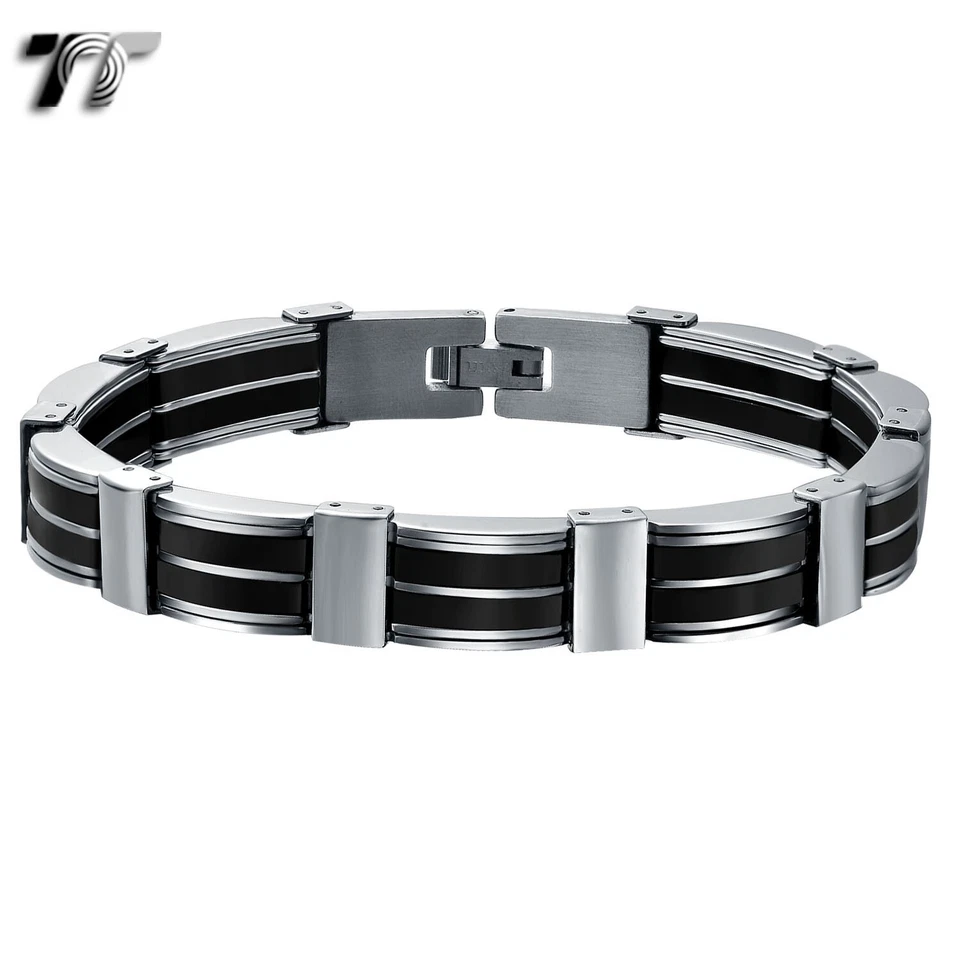 Pulsera de eslabones de acero inoxidable T&T plateada/negra (BBR175) Foto 1 de 1
