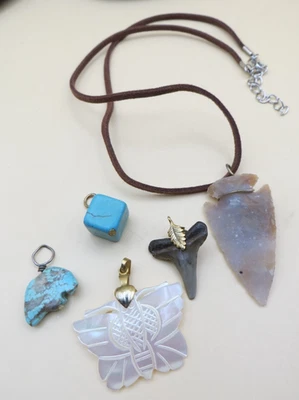5 Pendants Lot Leather Cord Necklace Real Indian Arrow Head Shark Tooth #1011 - Image 1 of 4