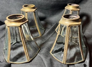 Set of Four Vintage Beveled Glass Lamp Light Shades Lot 4 Brass 6 Panel Leaded - Picture 1 of 16