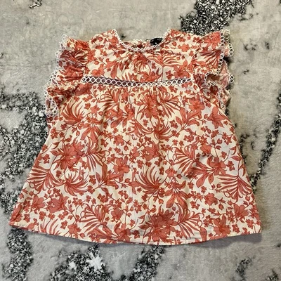 Aqua Shirt Womens Size XL Printed Lace Inset Flutter Sleeve Top White Orange - Image 1 of 4