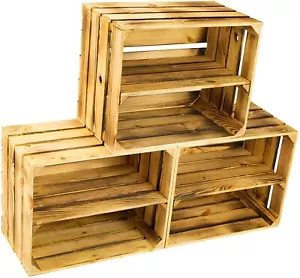 3 x Large Wooden Burnt Crate Apple Box Storage Display Unit - LONG Shelf Vintage - Picture 1 of 4