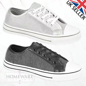 LADIES WOMENS GIRLS FLAT LACE UP PUMPS PLIMSOLLS TRAINER BLACK SILVER UK 3-8L - Picture 1 of 3
