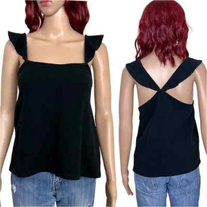 Madewell Texture & Thread Ruffle Strap Top Womens Large Black Flutter Tank - Picture 1 of 11